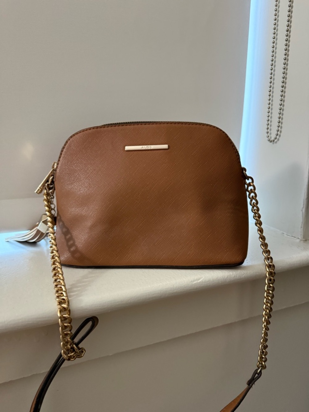 ALDO Brown Saffiano Leather Crossbody with Gold Chain